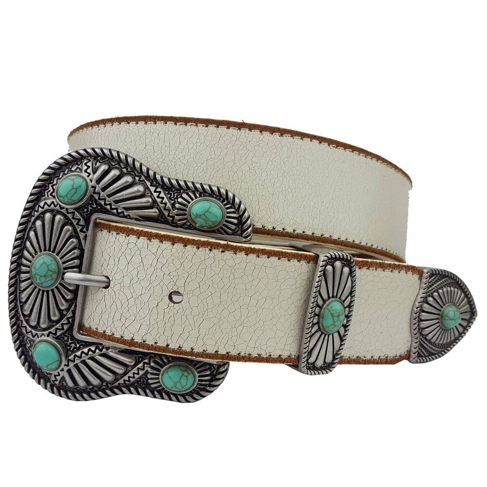 Vintage Leather Western Belt with Turquoise Stone Buckle Set White Turquoise